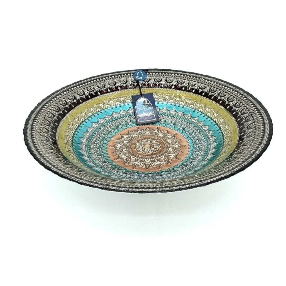 Turkish Glass Round Bowl Dinner Display Multi Color Oriental Lace 16” W XL